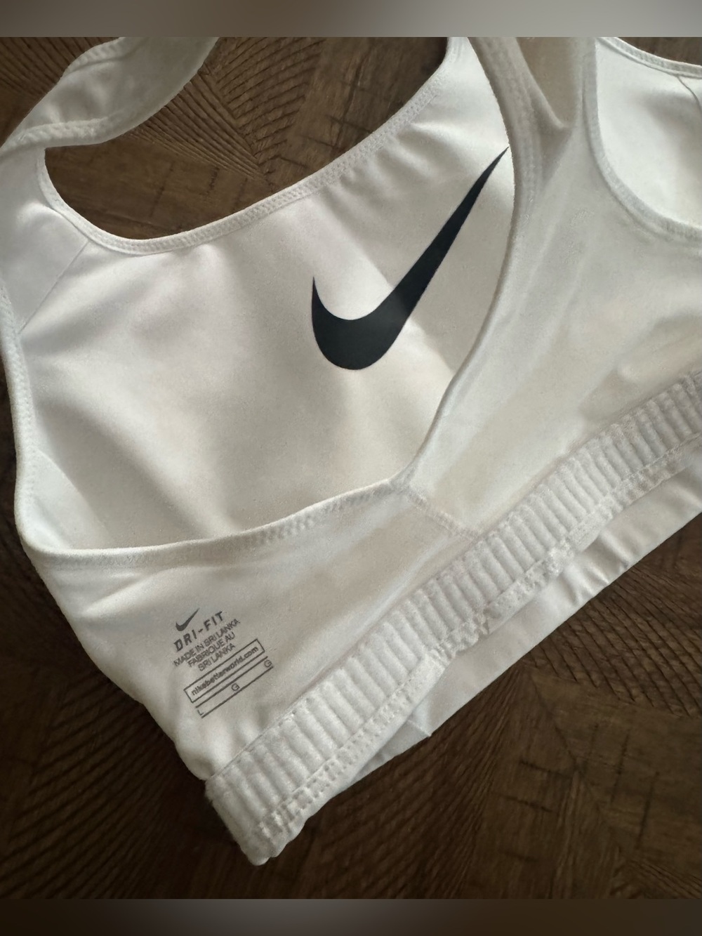 Nike White Racerback Sports Bra with Black Swoosh - size Large - Picture 7 of 13